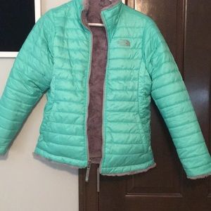 Mint green north face puffer jacket